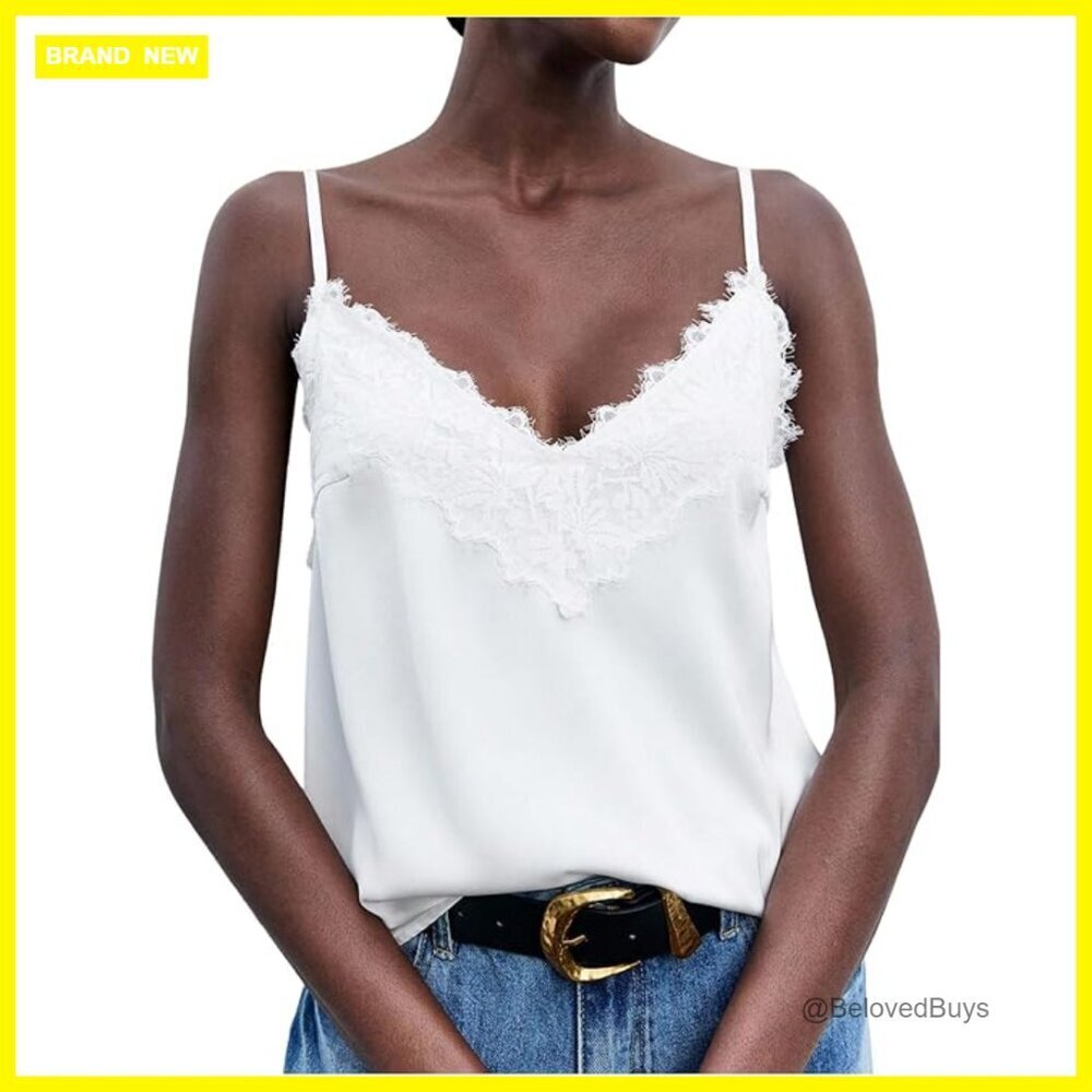Satin Lace Camisole Deep V Neck Spaghetti Strap Backless Top